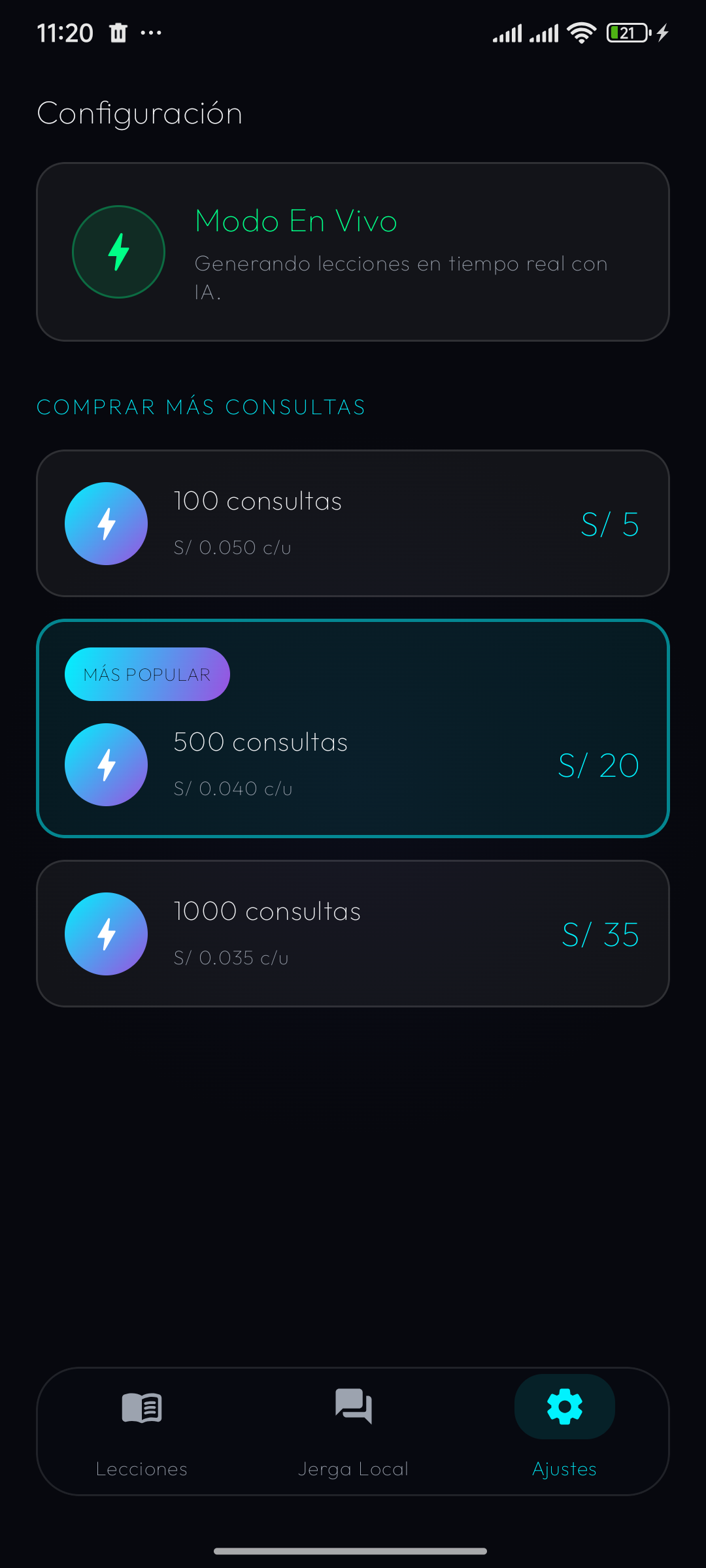 Pantalla de ajustes